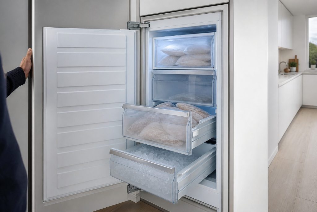 A tall integrated freezer column with two interior drawers pulled out to show frosted packets and a full ice bin, the door held open, white kitchen behind, cold blue interior light.