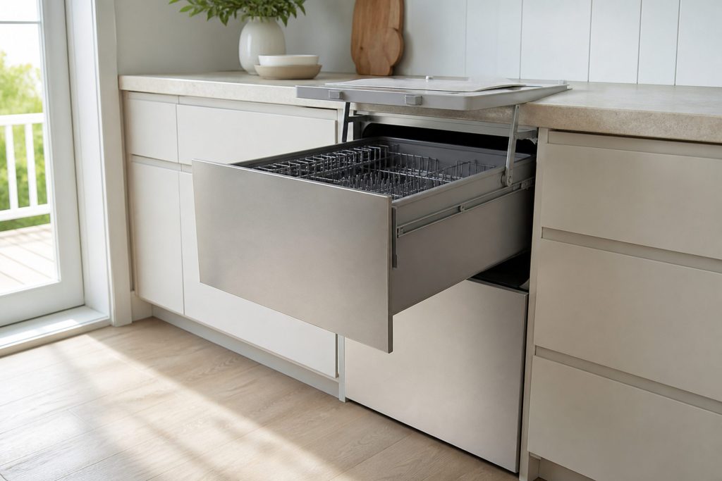 A double dish drawer dishwasher built into a pale kitchen run, the upper drawer pulled fully open with its flat lid raised clear of the tub, the empty basket dry, bright coastal daylight from the left.