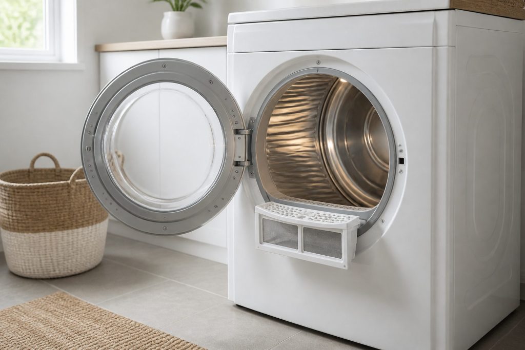 A front-loading dryer with the door open showing the empty ribbed drum lit from inside and the lint filter half withdrawn from its slot, a laundry basket on the floor, bright daylight.