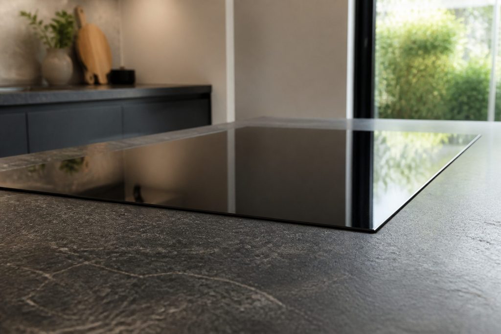 A flush black induction cooktop set into a dark stone worktop, photographed from a low angle along the surface, the glass clean and reflecting daylight, no zone lit and no markings visible.