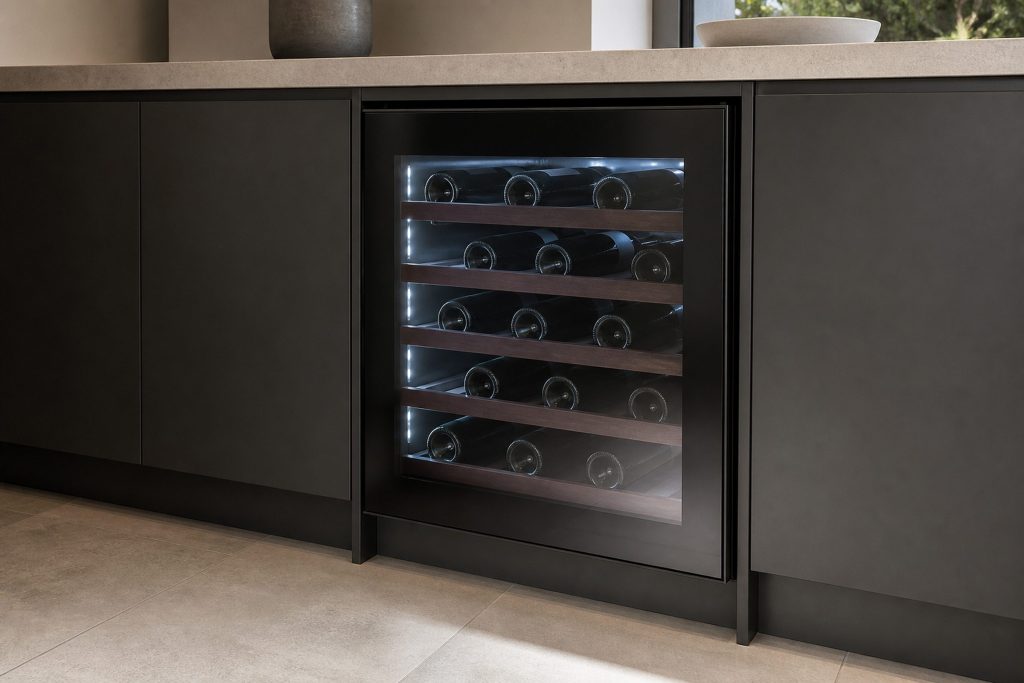 An integrated wine cabinet with a glass door under a pale stone worktop, dark timber racking behind the glass holding bottles on their sides, the interior lit cool and even.