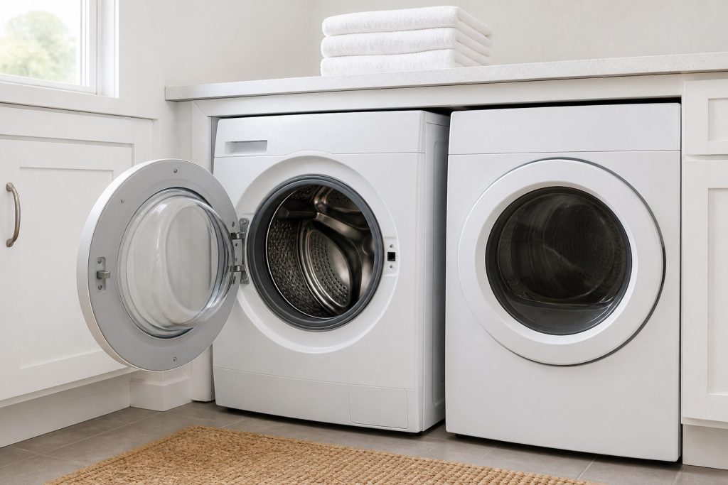 A front-loading washing machine and dryer standing side by side in a bright white utility room, the washer door swung open on its empty stainless drum, folded towels on the counter above.