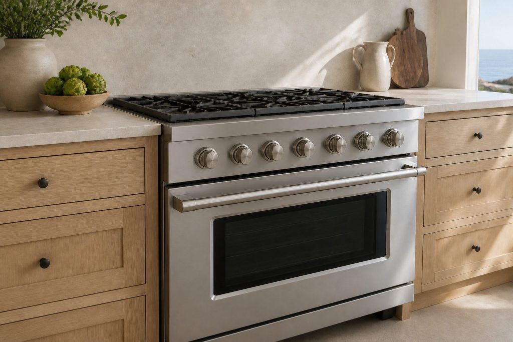 A freestanding professional range in brushed stainless with a row of heavy stainless control knobs along its front, set in a bright coastal kitchen with pale timber cabinets, no flame lit.