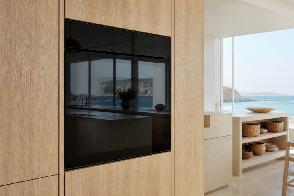 A built-in wall oven with a flush handleless front of dark glass set in a tall pale oak column, the door closed and the glass clean and reflecting a bright coastal kitchen.