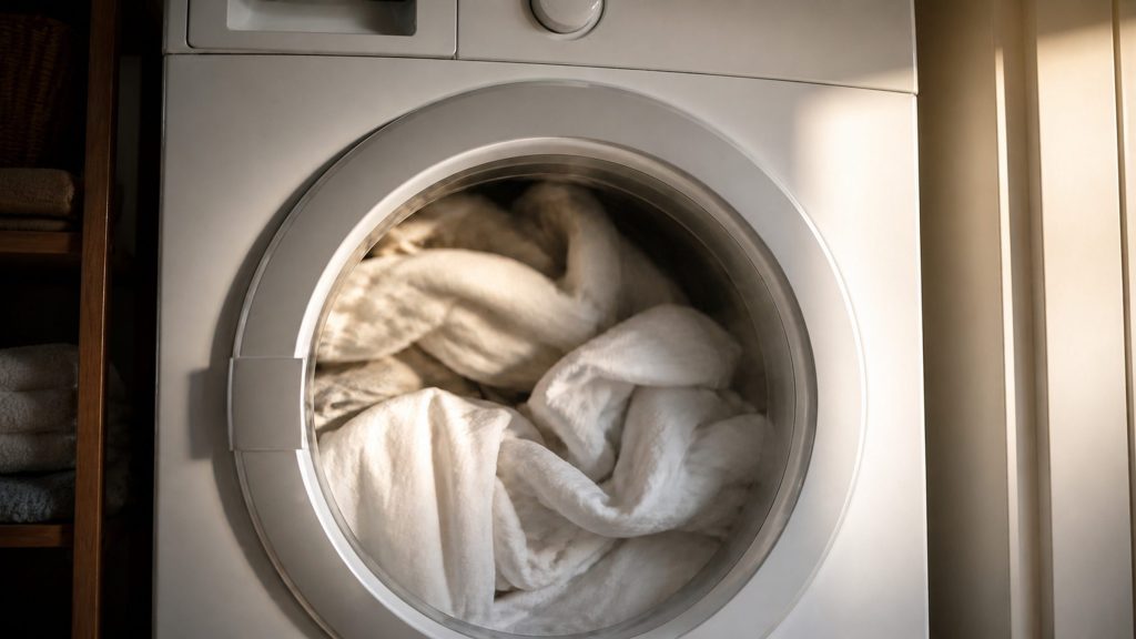 A front-loading dryer running in a laundry cupboard, load slightly motion-blurred behind the door glass, the fascia above out of focus.