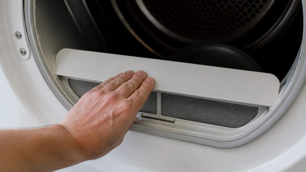 The wide filter flap in the door aperture being pressed shut, the mesh visible behind it, the drum dark beyond.