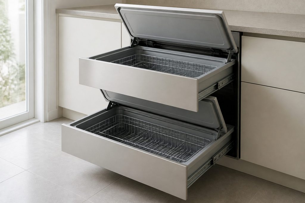 A double dish drawer dishwasher with both drawers pulled fully open in a pale kitchen, each flat lid raised clear of its tub, the two wire baskets empty and dry, cool daylight from the left.