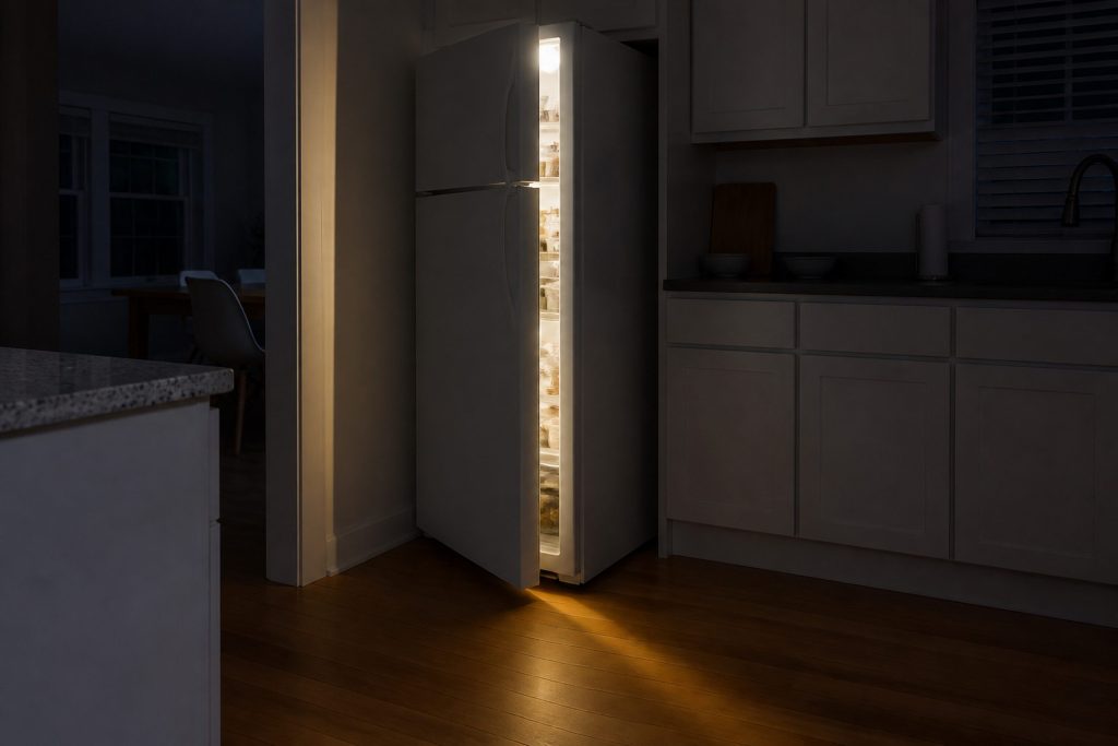 A tall refrigerator door left a hand's width open in a dim kitchen at night, the interior light spilling out along the gap onto the floor, shelves of food just visible inside, nobody in frame.