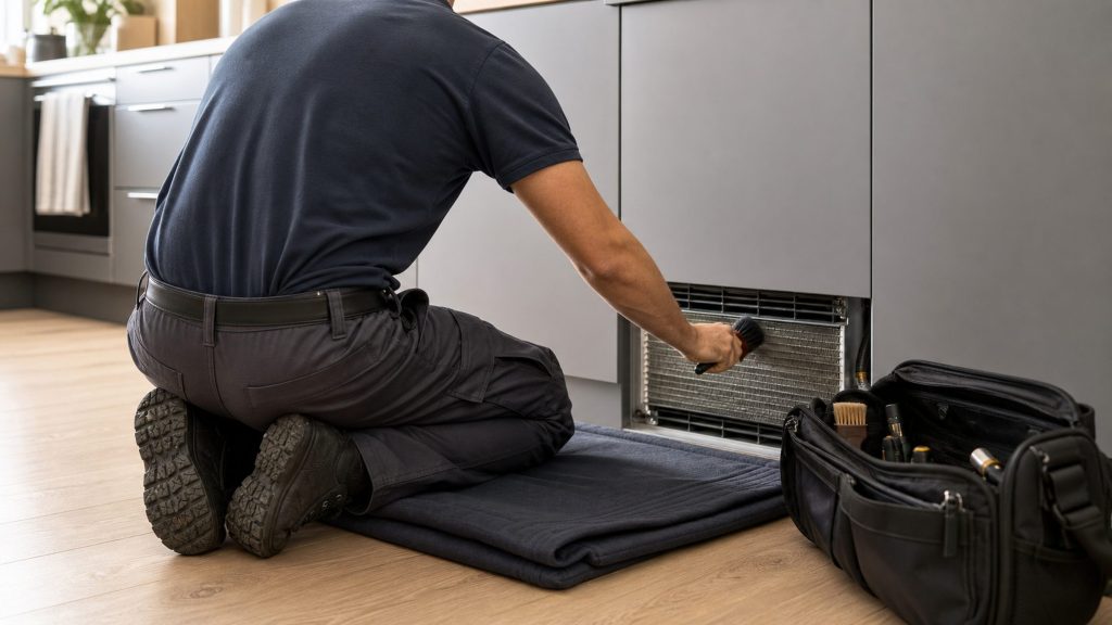A technician kneeling on a mat at the base of a run of cabinetry, tool bag open beside him