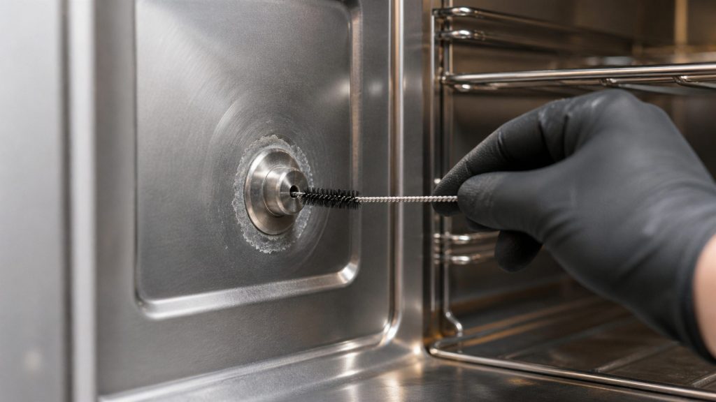 Macro inside a compact steam oven: the stainless back wall and the steam nozzle