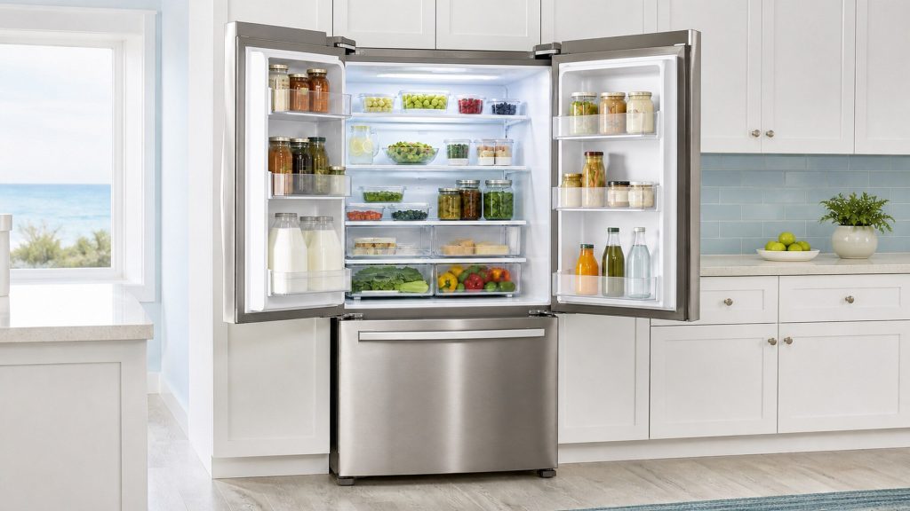 A freestanding stainless French door refrigerator standing with both upper doors held wide in a bright coastal kitchen, cool white cabinetry and pale sea-blue tile behind it, glass shelves stocked with food under even interior light, the lower freezer drawer closed beneath them, bright daylight from a window off frame.