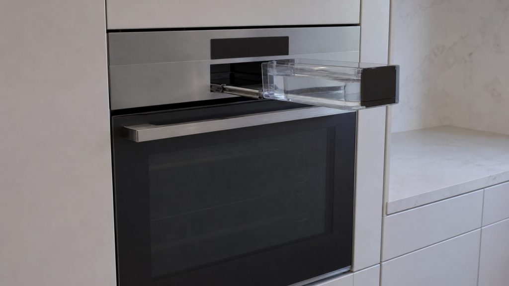 A combination steam oven with its water container drawn out of the recess above the door.