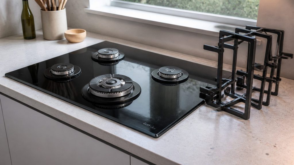 A gas-on-glass cooktop: sealed burners sitting on a single sheet of black glass, the grates lifted off and standing to one side.