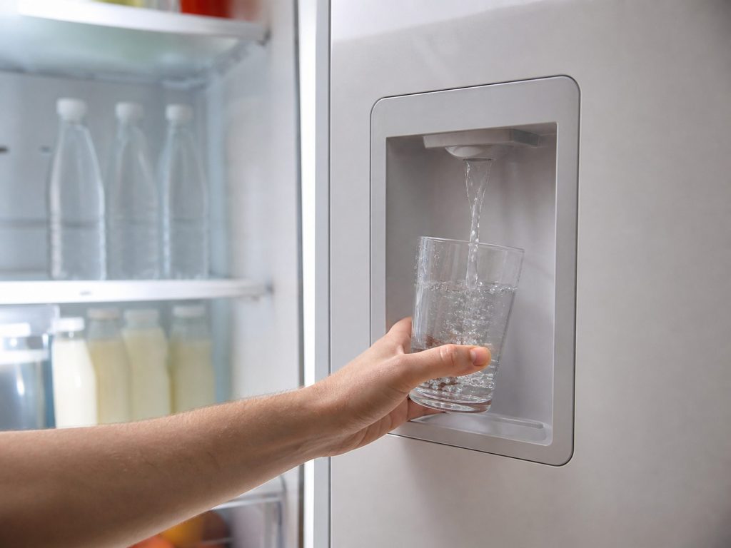 The internal water dispenser inside an open refrigerator door — a recessed spout and a glass held under it, shelves of bottles in soft focus behind.