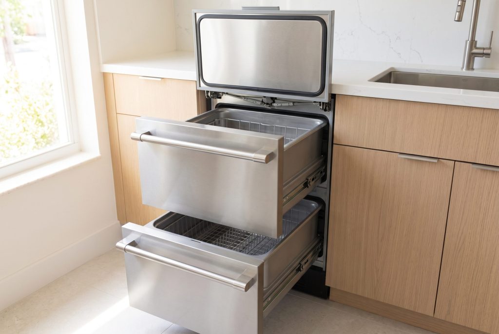 A double dish drawer dishwasher with both drawers pulled open at once, each lid raised above its own tub