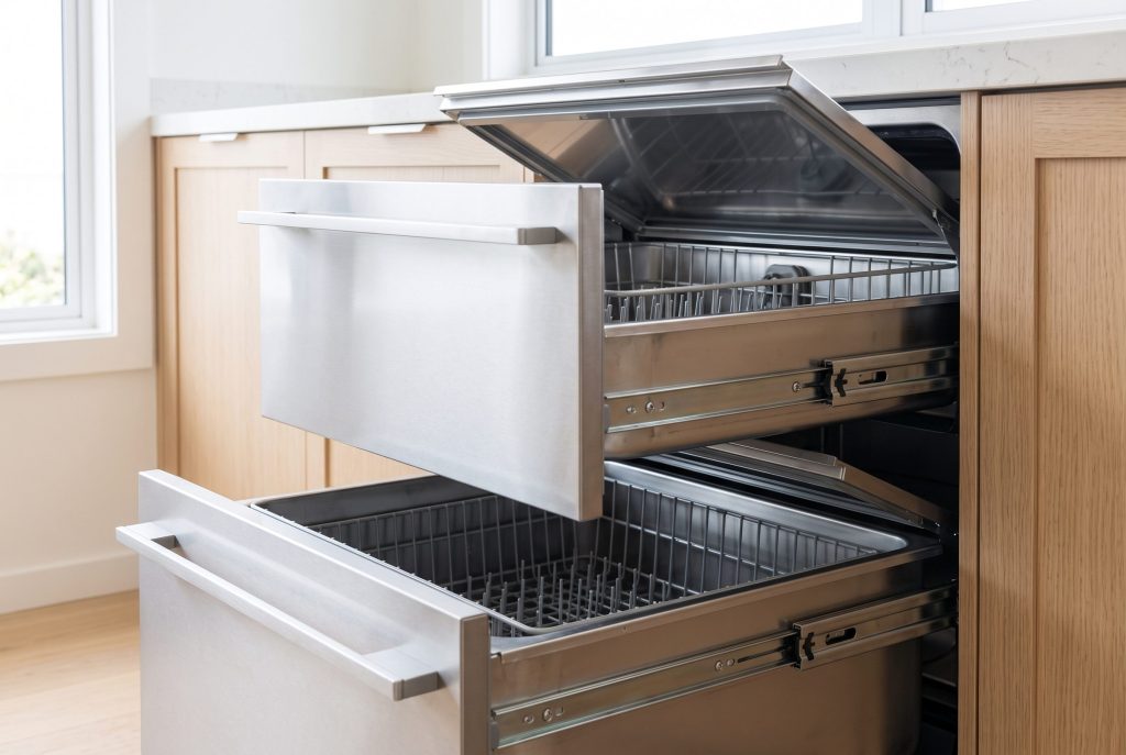 A double dish drawer dishwasher with both drawers pulled open at once, each flat lid raised above its own empty tub, in a pale oak kitchen run