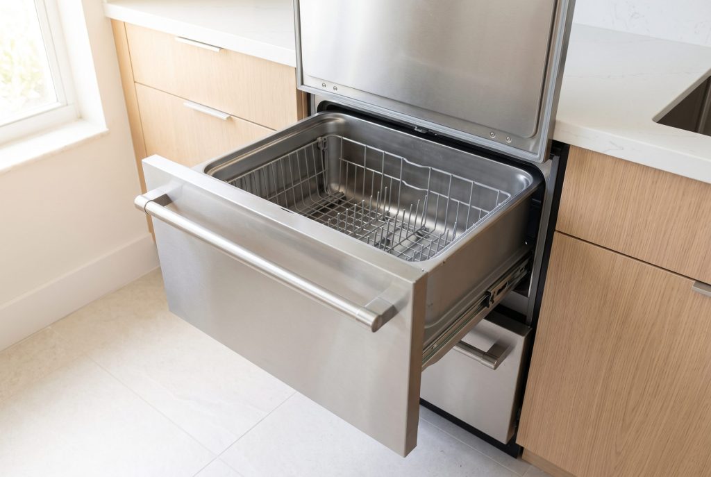 A dish drawer dishwasher open in a corner of a pale kitchen, the empty basket lit by a window above it