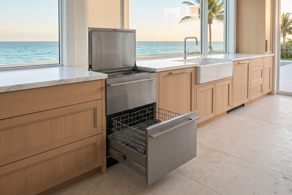 A double dish drawer dishwasher in a pale oak coastal kitchen, the upper drawer pulled open with its lid raised and the empty basket showing, the sea through the window behind