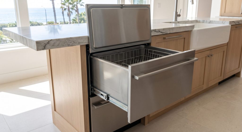 A dish drawer dishwasher open below a marble island in a bright kitchen, the lid standing raised above the tub