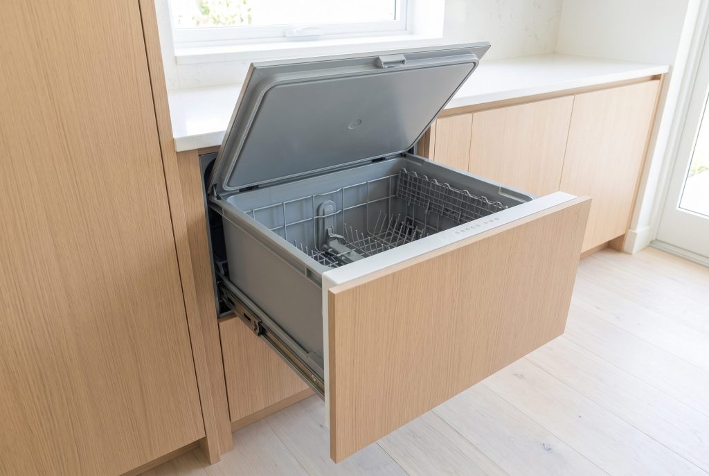 A dish drawer dishwasher with a pale oak cabinet front pulled open, its flat lid raised clear of the stainless tub and the wire basket empty