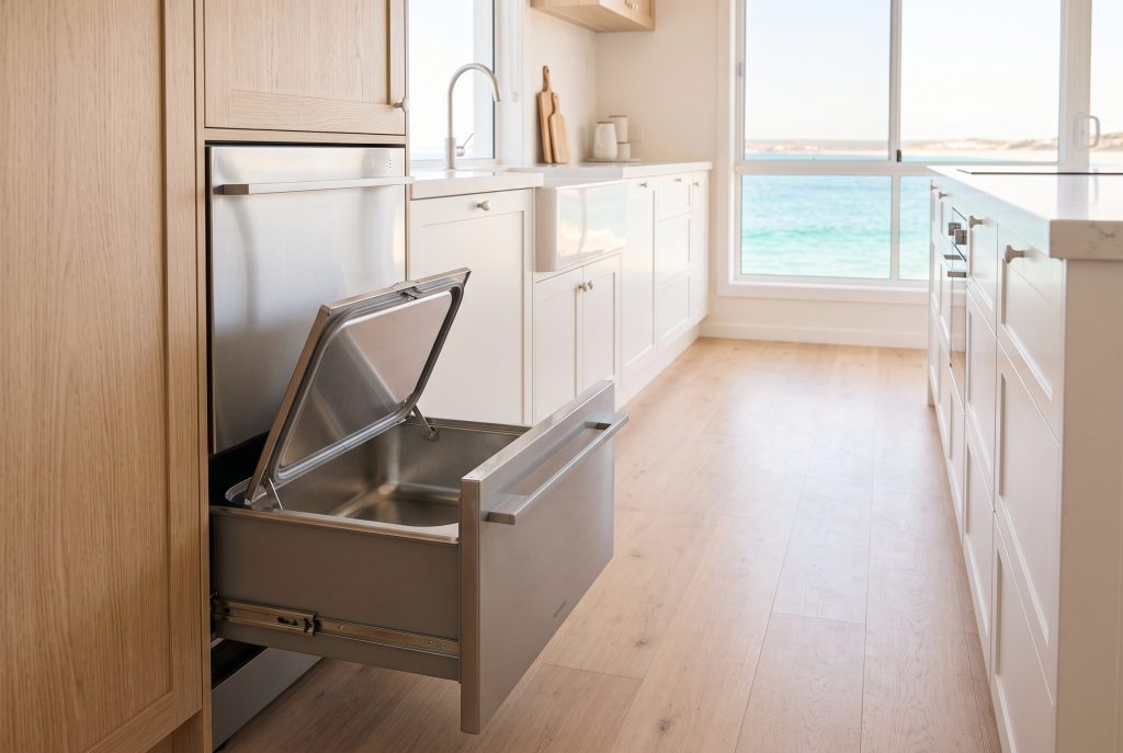 A dish drawer dishwasher standing open along a bright coastal kitchen run, its lid raised above the tub, the sea filling the window at the end of the room