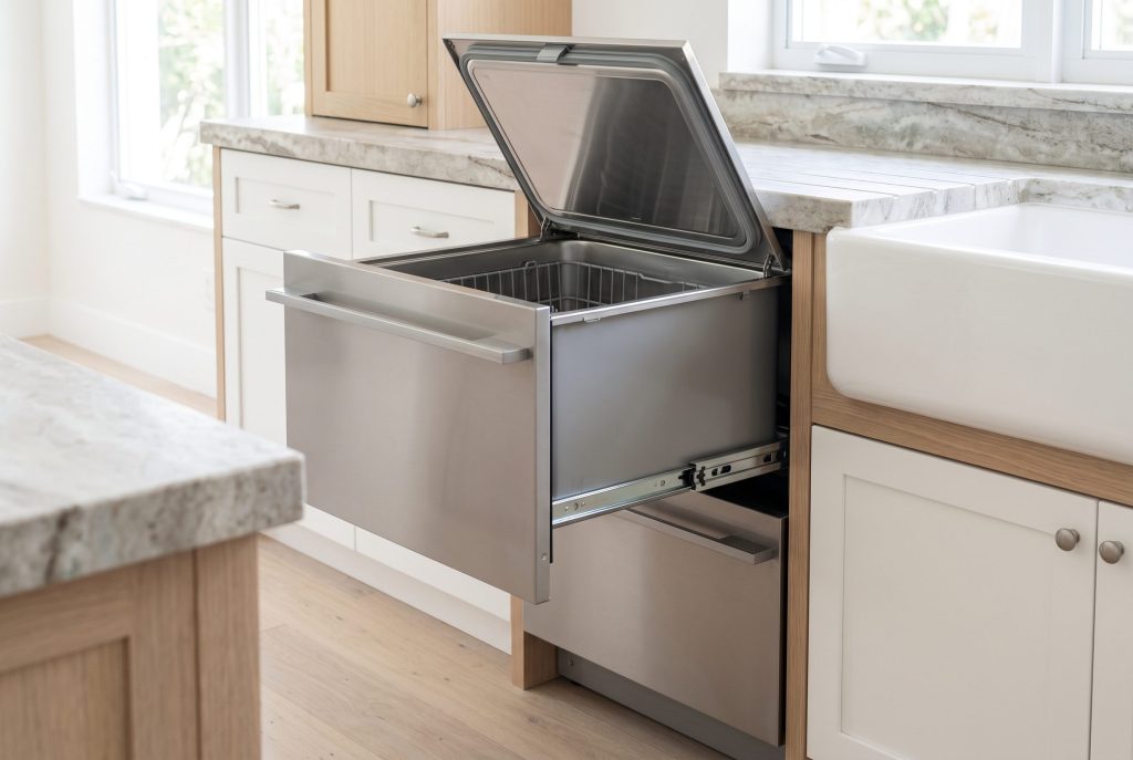 A stainless dish drawer dishwasher pulled open beside a white farmhouse sink under a stone worktop, the lid raised and the basket empty