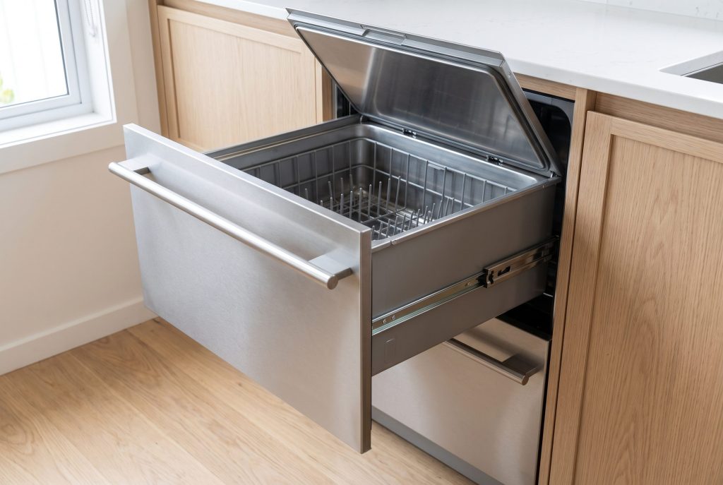 A stainless dish drawer dishwasher pulled open in a pale oak kitchen corner, the lid raised clear of the empty tub, daylight from a window at the left