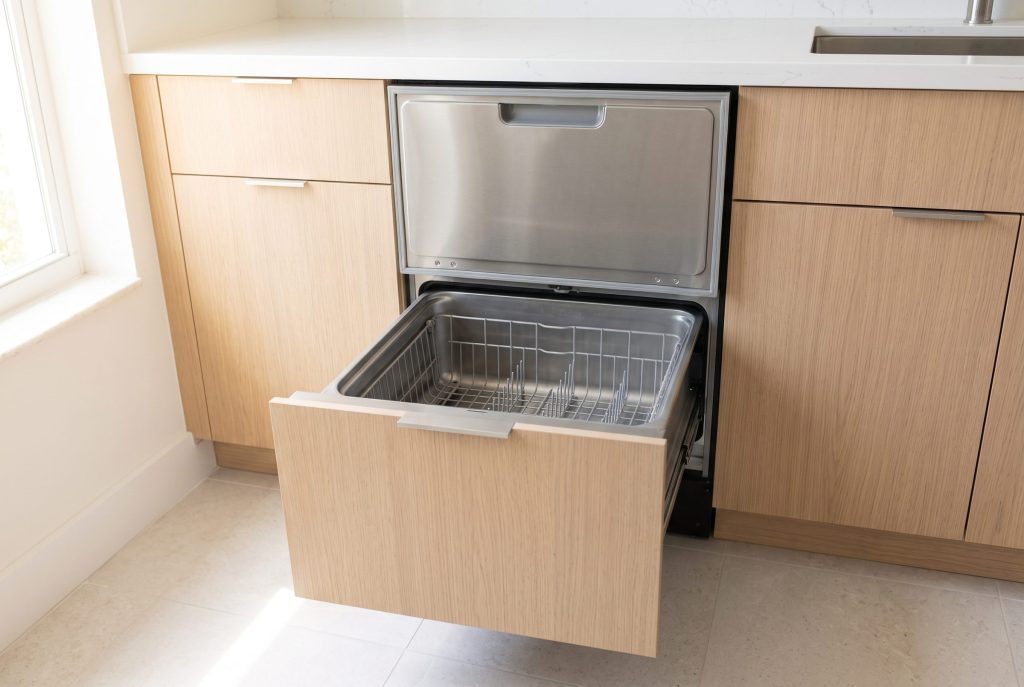 A dish drawer dishwasher with a pale oak cabinet front pulled open, the stainless tub and empty basket inside