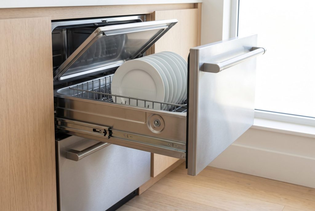 A dish drawer dishwasher open on a basket of clean white plates, the telescopic runners and the wash arm hub in the foreground