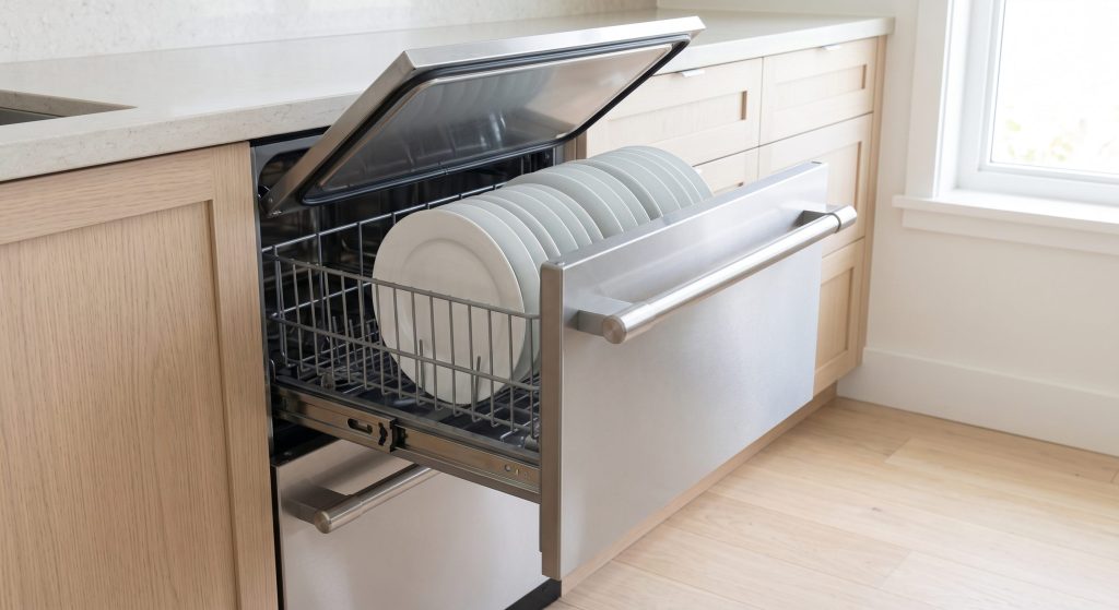A dish drawer dishwasher pulled open in a pale kitchen, clean white plates standing on edge in the wire basket