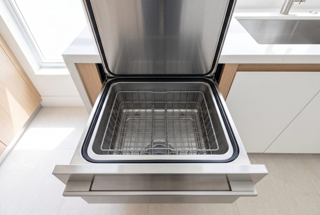 Looking down into the open tub of a dish drawer dishwasher, the horizontal rubber seal running the whole way round the rim and the wire basket empty inside it