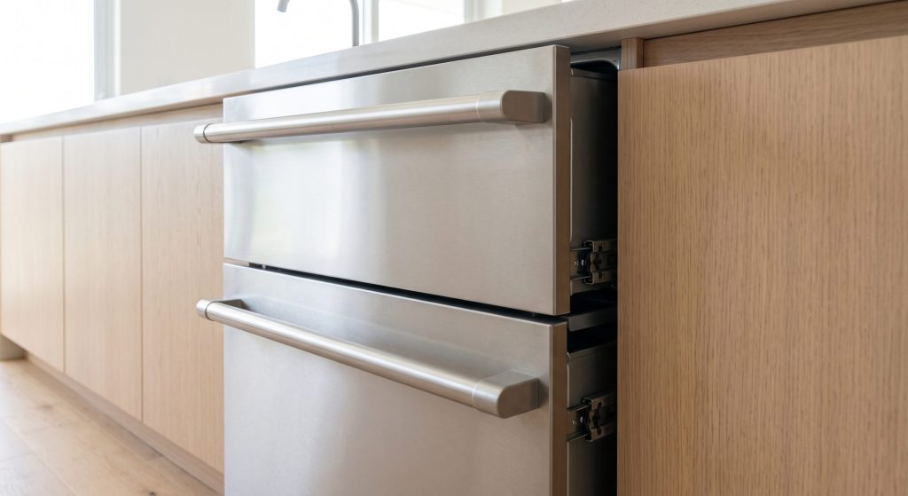The two stainless fronts of a closed double dish drawer dishwasher, photographed along the handles so the runners and the shadow gap read