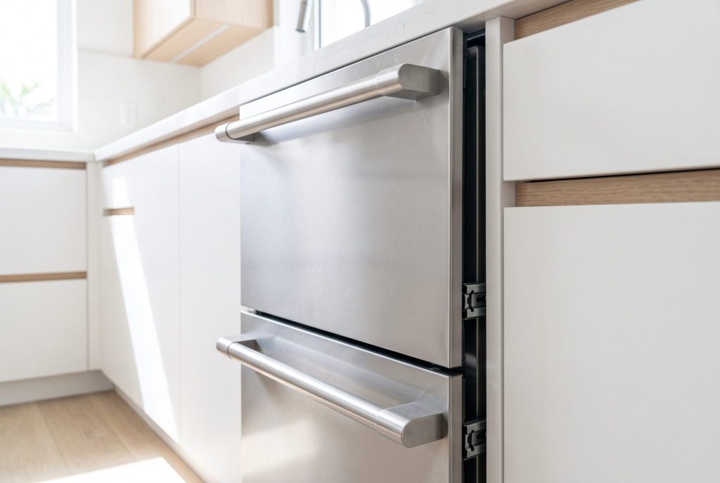 The two stainless fronts of a closed double dish drawer dishwasher in a white kitchen, photographed along the handles so the runner and the shadow gap read
