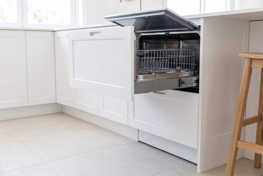 A dish drawer dishwasher pulled open in a white shaker island, the basket loaded with clean plates, a timber stool beside it