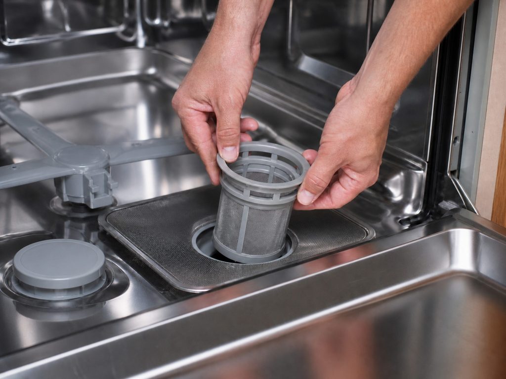Two hands lifting the cylindrical filter out of the sump of an open dishwasher, the flat mesh plate left in place around the opening.