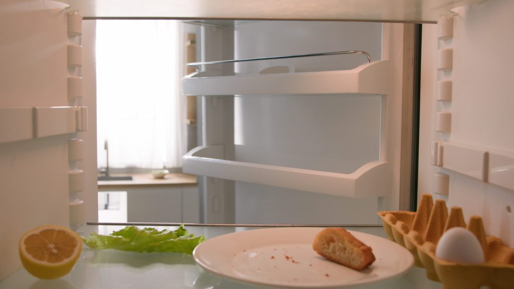 The inside of a refrigerator looking out into a bright kitchen, an egg tray and a plate on the shelf in the foreground.
