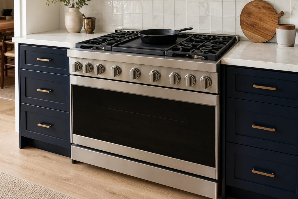 A dual-fuel freestanding range with a black glass oven door and a brushed stainless fascia, six gas burners on cast grates with a griddle in the middle and a cast iron pan resting on it, set between deep navy cabinets.