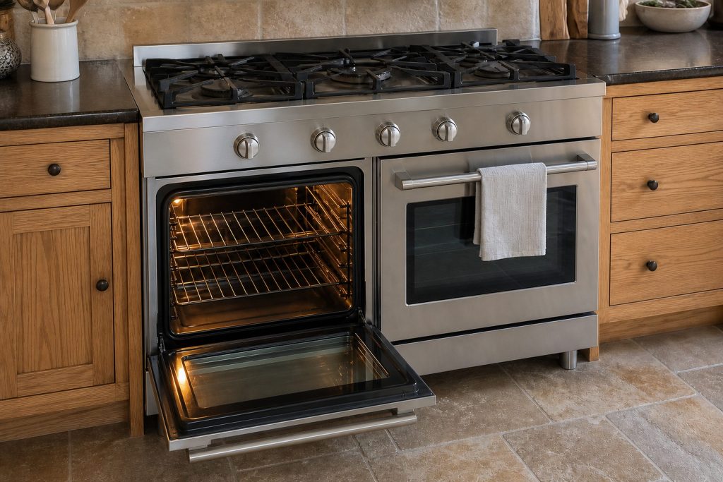 A wide freestanding gas range in brushed stainless with two oven doors side by side, the left one open on lit empty racks, six burners on cast grates above, set among oak cabinets with a tea towel over the handle.