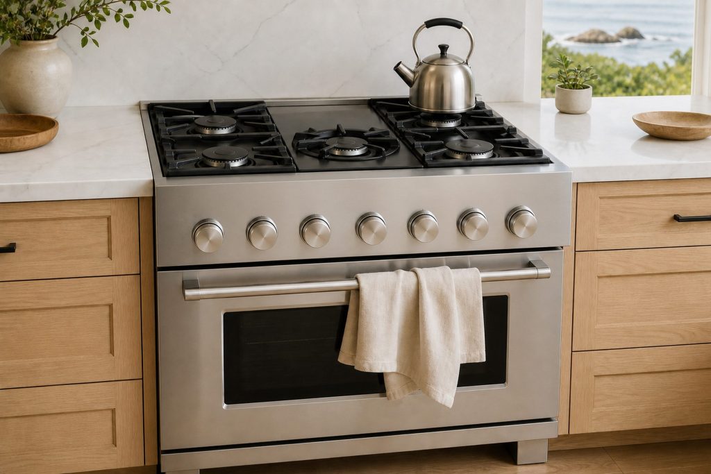 A stainless freestanding range with five sealed gas burners on cast grates and a full-width bar handle, set between pale oak cabinets in a bright coastal kitchen, a kettle on the back burner and a linen cloth over the handle.