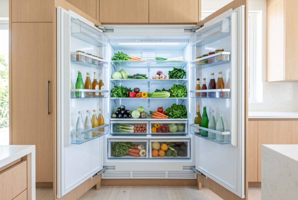 An integrated refrigerator column with both doors held wide open, glass shelves filled with vegetables, greens and glass bottles under cool even interior light, pale oak cabinetry either side