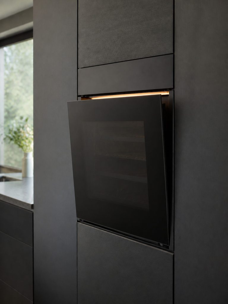A handleless built-in oven flush in a dark cabinet column, its door standing open a hand's width on the push-to-open catch.