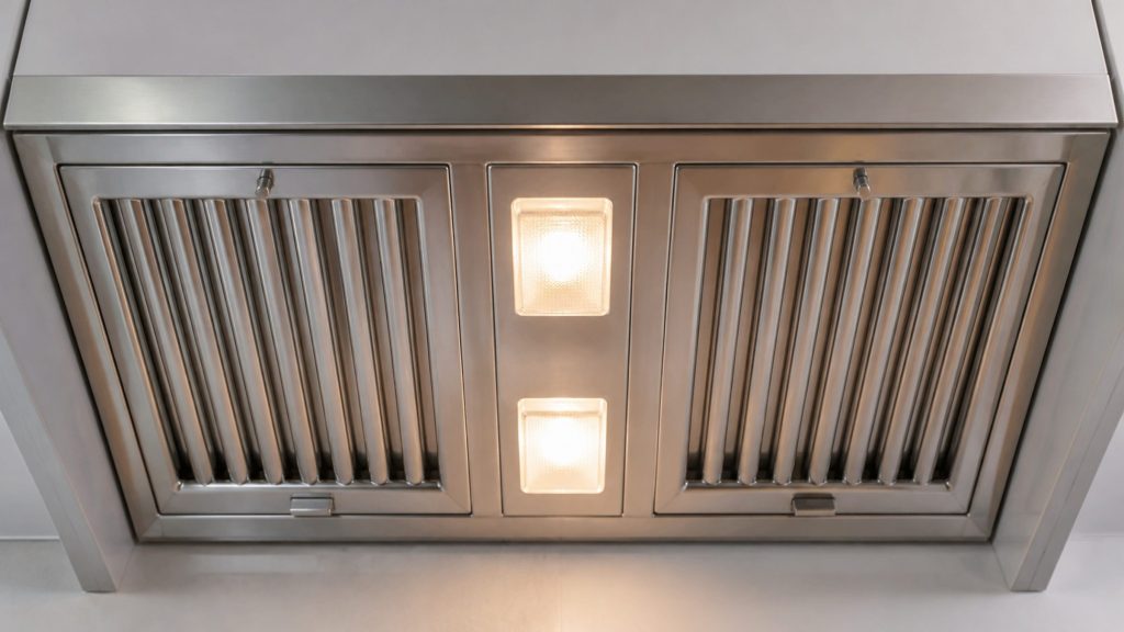 Looking up into an under-cabinet range hood: two stainless baffle filters angled in their frames, the lamp lenses between them lit.