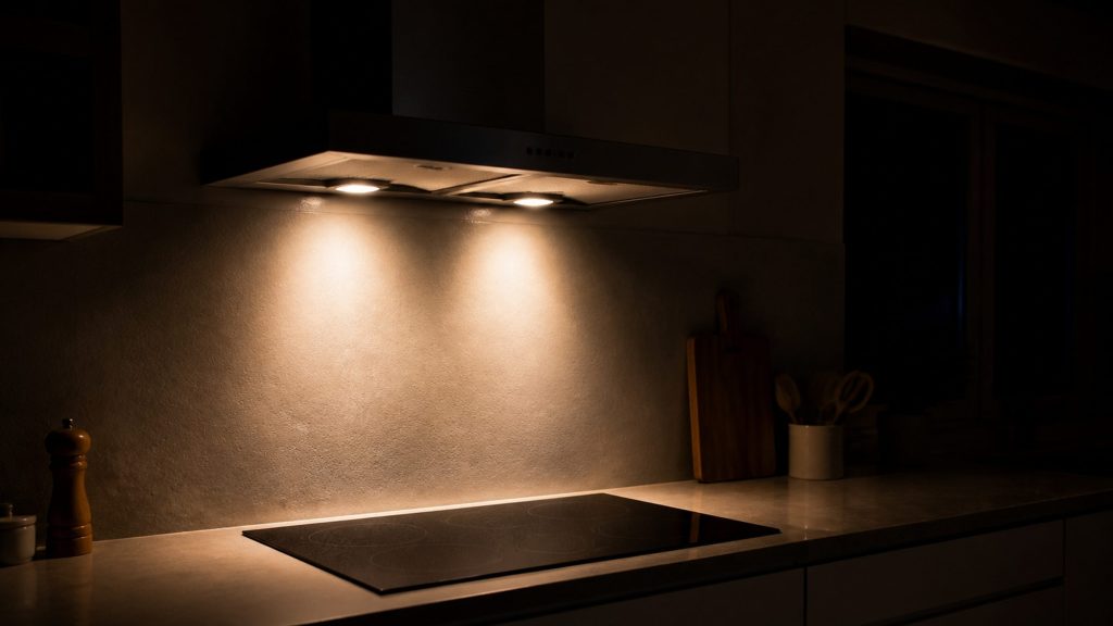 The lamps of a wall hood lit over an empty induction hob at night, a bright pool of light on the glass and the rest of the kitchen dark.