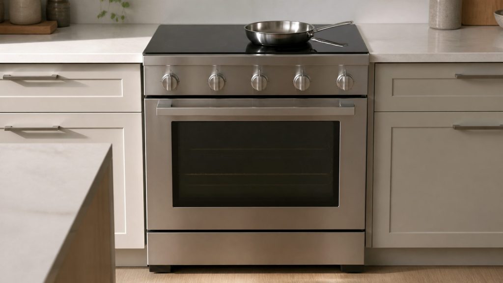 A stainless range with a smooth black glass induction top and one oven door below, a flat-bottomed steel pan on a zone.