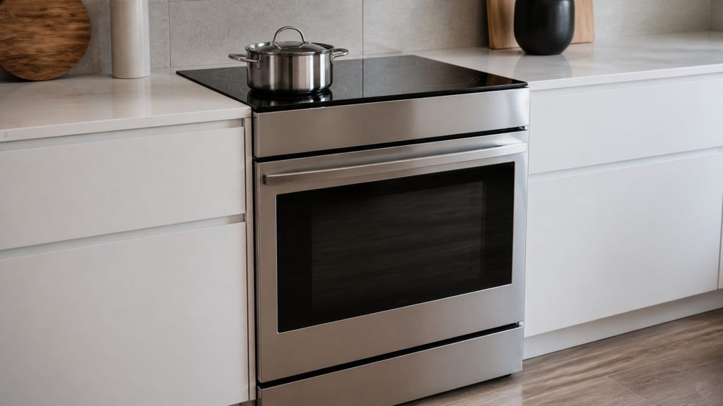A stainless range with a smooth black induction top and one oven door below, in a run of white handleless cabinets, a pot on the near zone.
