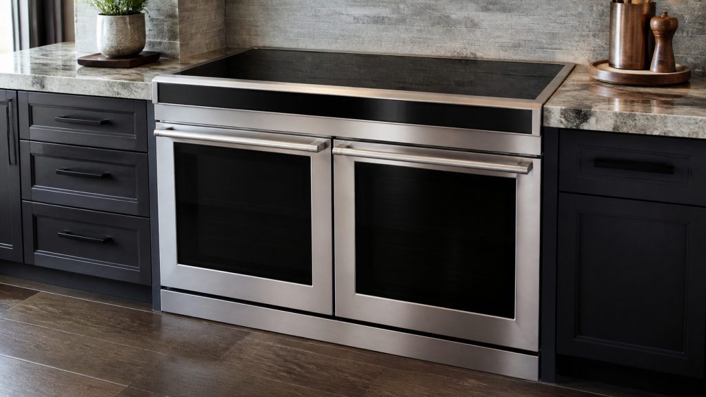 A wide stainless range with a black induction surface and two oven doors below, in a dark kitchen with stone each side.