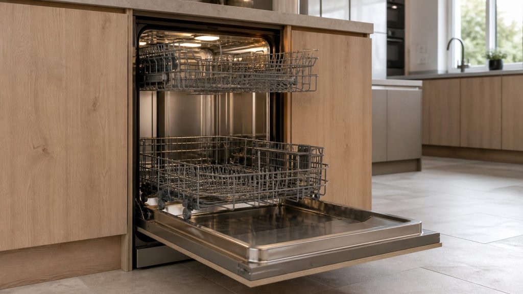 A fully integrated dishwasher standing open behind a pale oak cabinet front, both racks drawn out and the stainless tub lit.