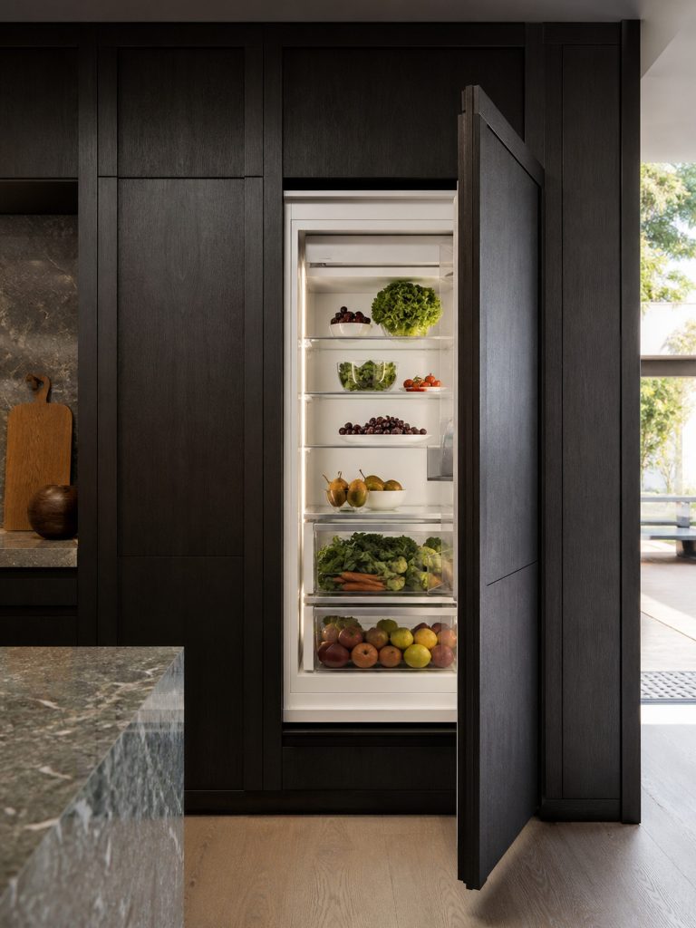 A tall built-in refrigerator cabinet open in a wall of dark cabinetry, glass shelves lit from both sides, produce on them.