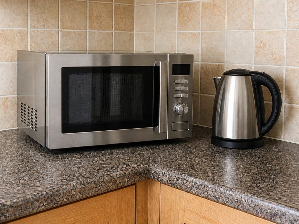 A stainless countertop microwave standing in the corner of a worktop beside a kettle, door closed, tiled splashback behind.
