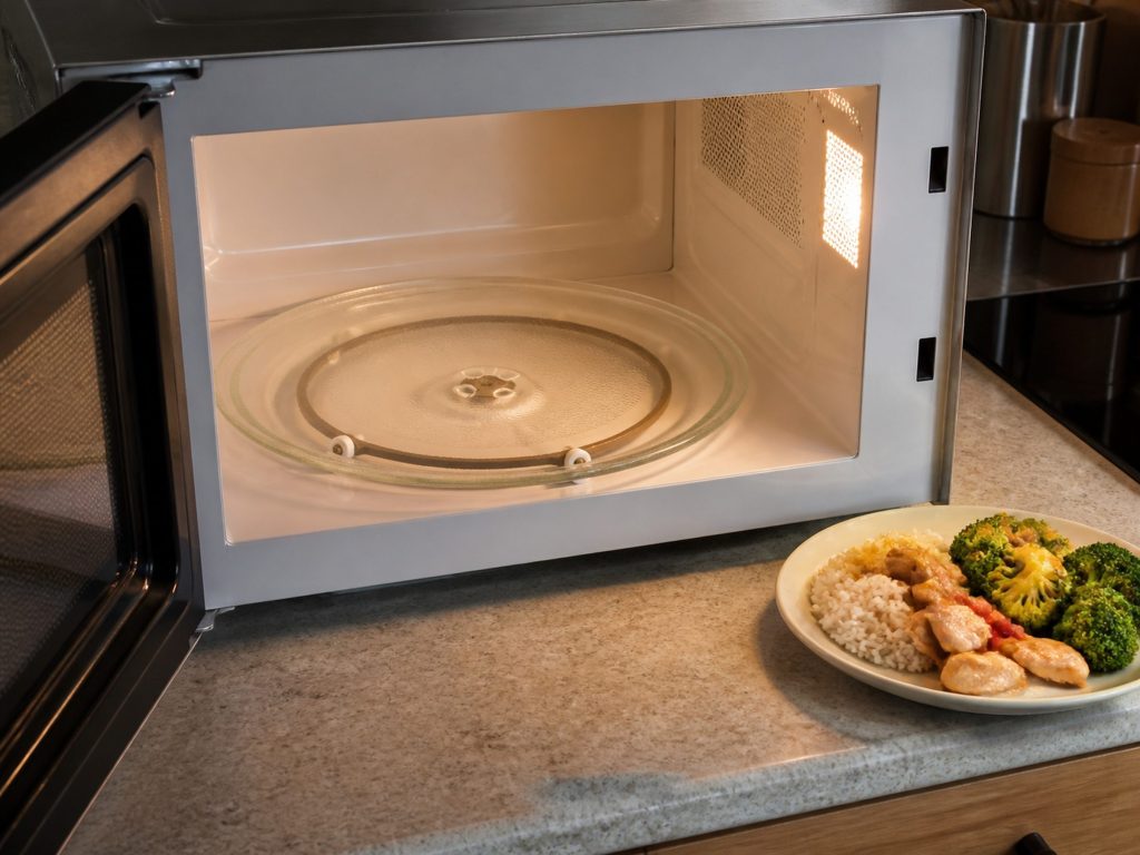 The glass turntable and roller ring inside a countertop microwave, the door open and the cavity light on, a plate of leftovers waiting beside it.